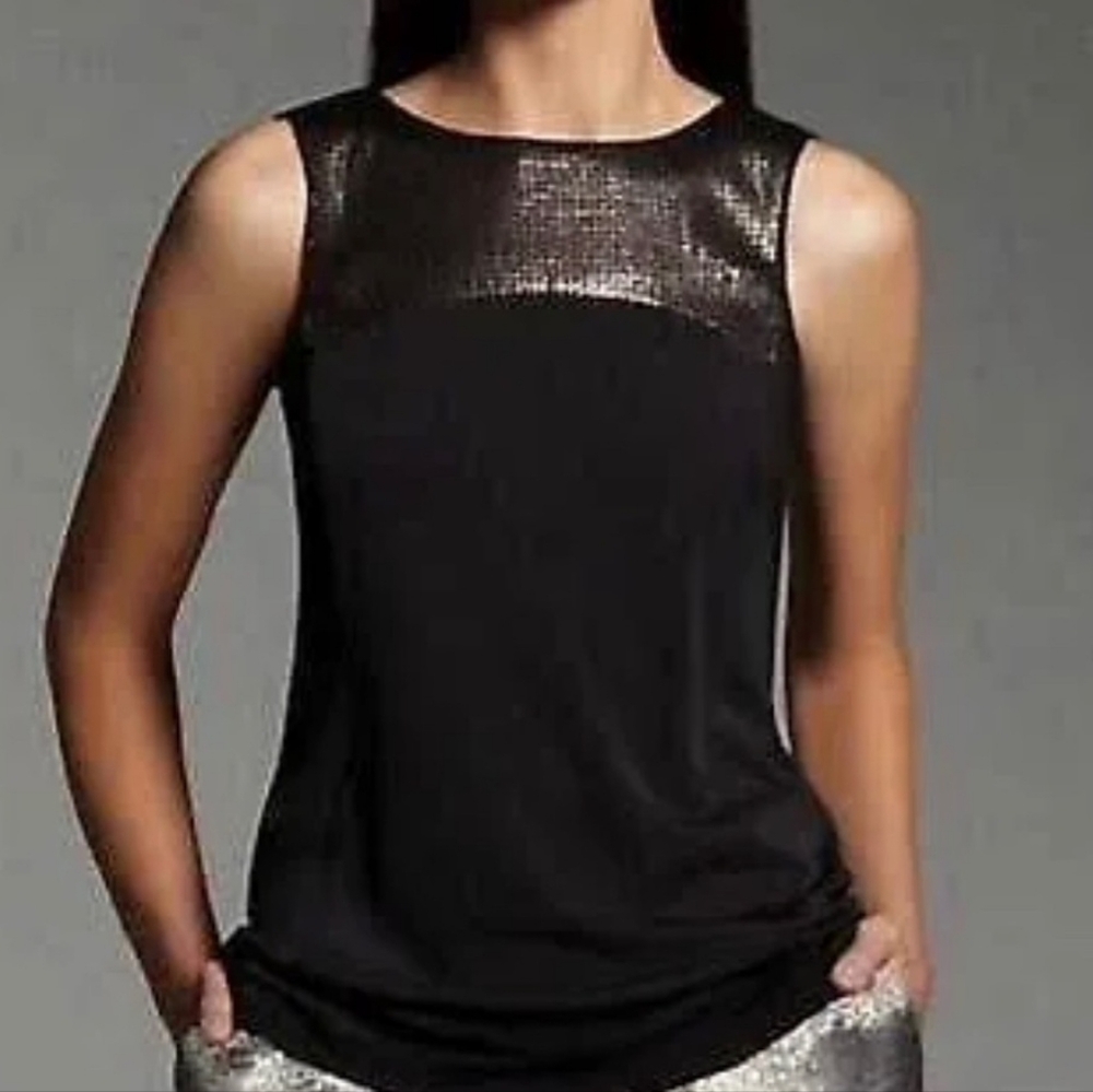Suzy Shier Black Leather Like Sequin Tank Top